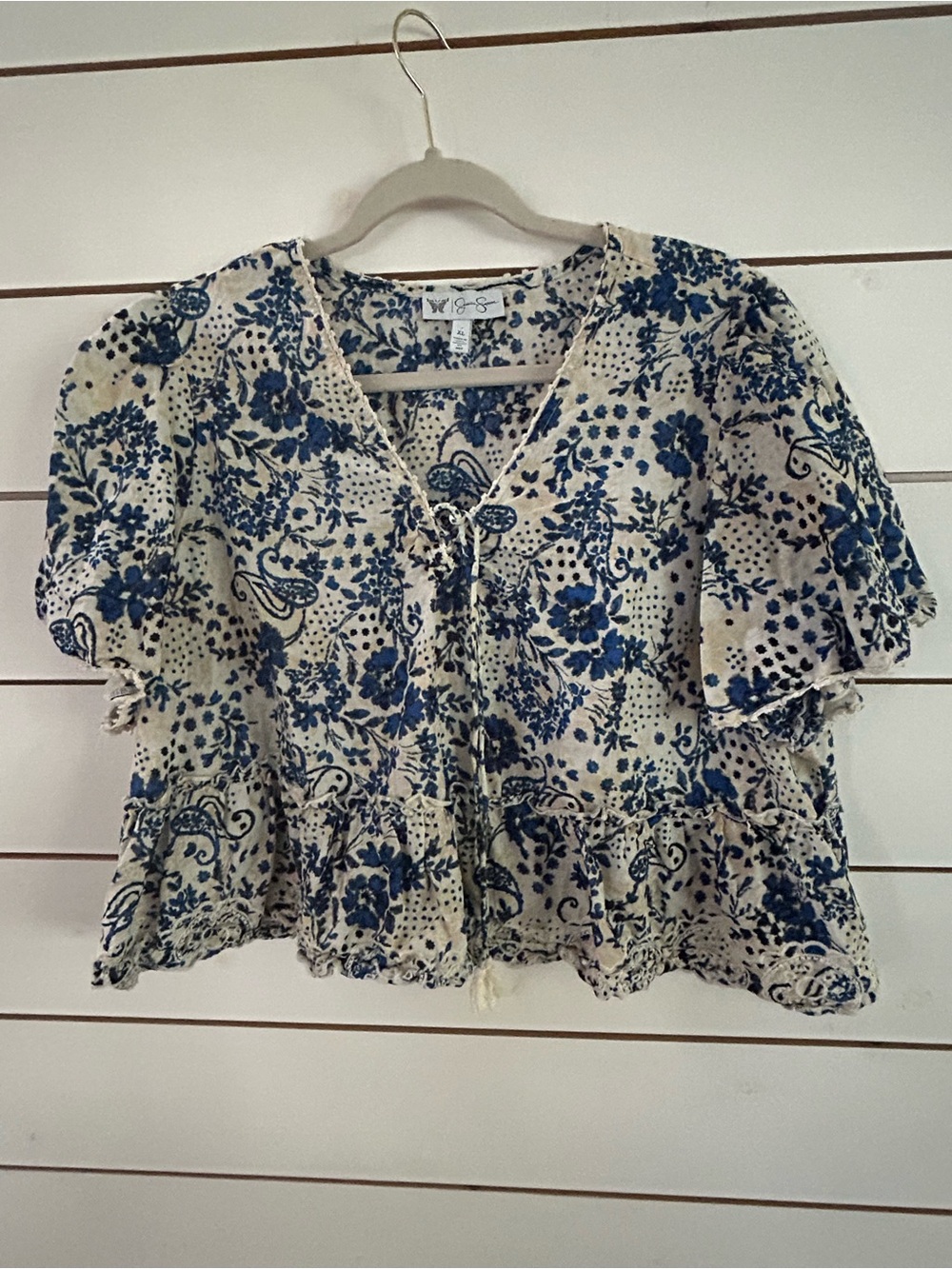 Jessica Simpson Women’s XL Blue Floral Paisley Front Tie Peplum Boho Top